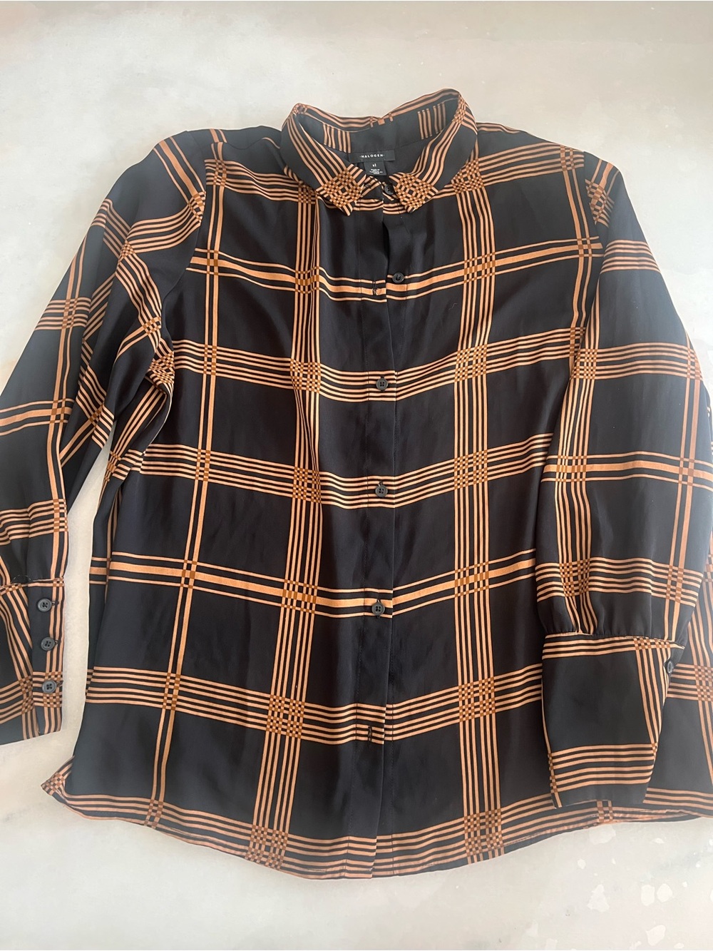 Halogen Black Button-Down Shirt with Tan Windowpane Grid